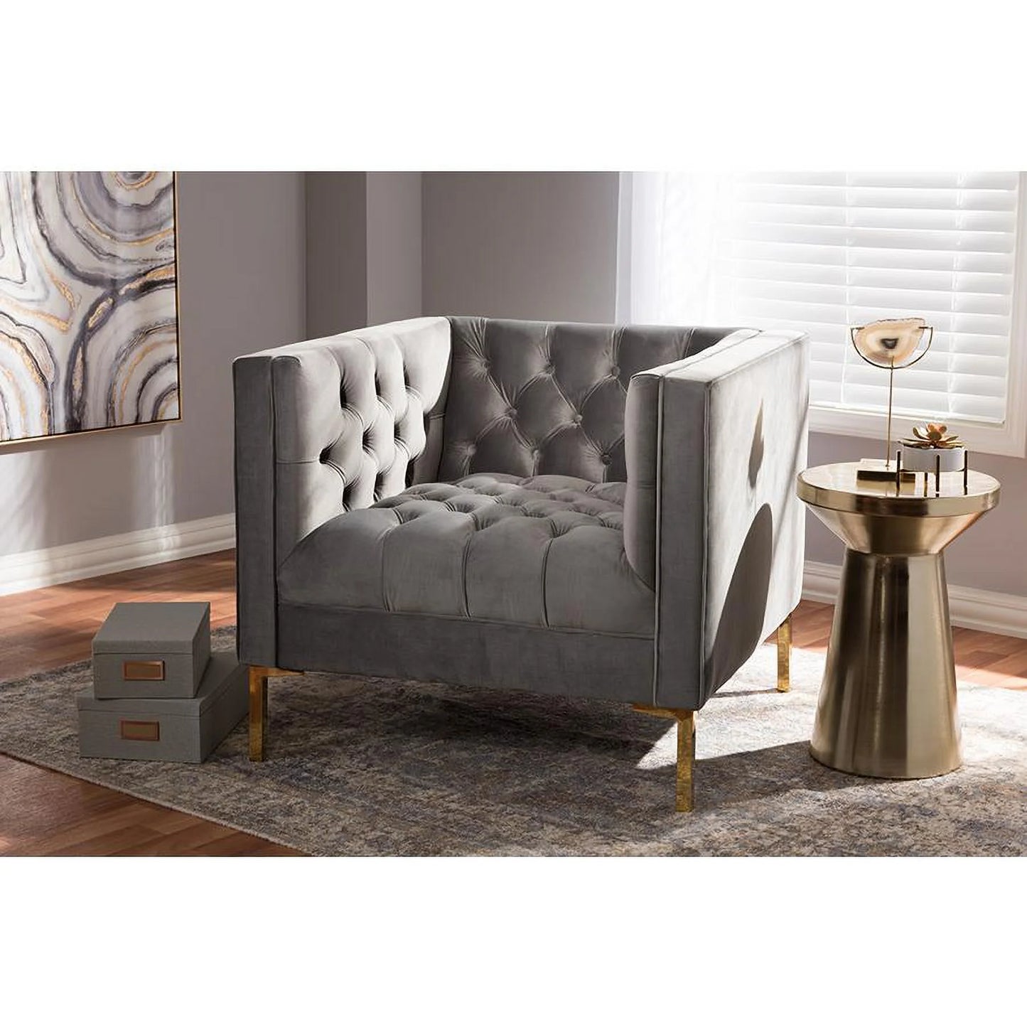 Baxton Studio Zanetta Luxe and Glamour Grey Velvet Upholstered Gold Finished Lounge Chair