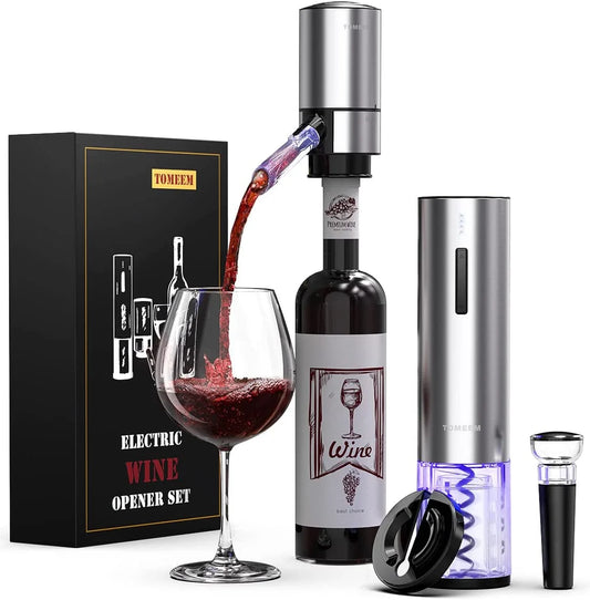 Electric Wine Opener Set 4-In-1  Wine Gift Set with Rechargeable Wine Opener Aerator Vacuum Stoppers and Foil Cutter Automatic Wine Pourer