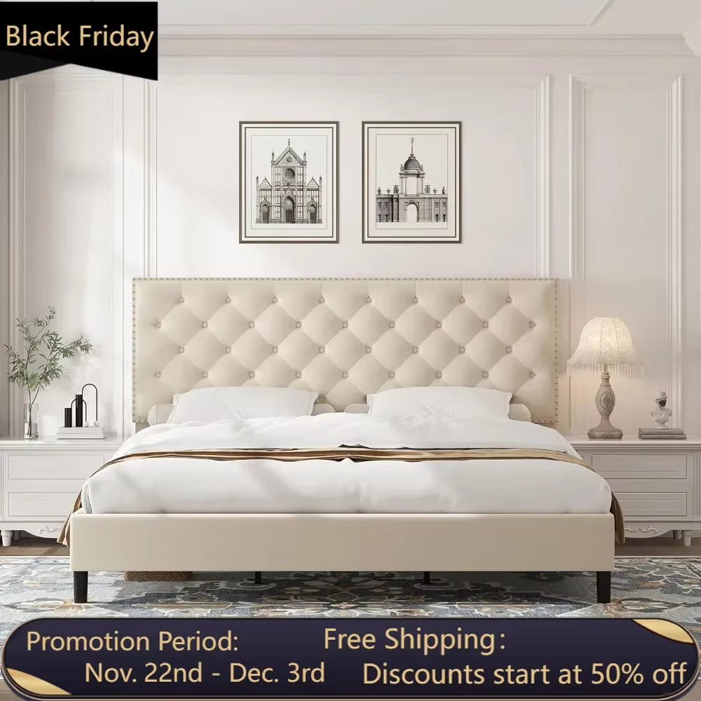 Bed Frame, Modern Upholstered Platform Bed with Adjustable Headboard, Heavy Duty Button Tufted Bed Frame with Wood Slat Support