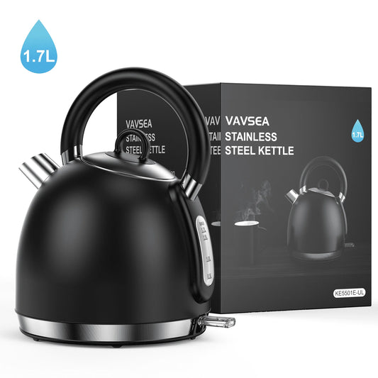 Retro Electric Kettle, Stainless Steel Tea Kettle, 1.7L Hot Water Boiler for Tea & Coffee, Fast Boiling, BPA Free, Black