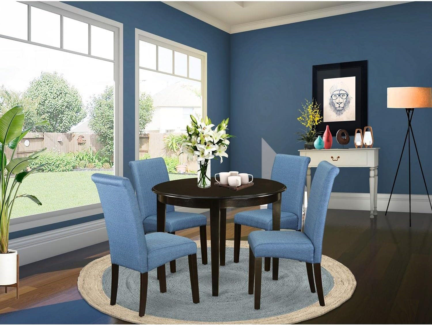 BOBA5-CAP-21 Boston 5 Piece Kitchen Set Includes a round Dining Room Table and 4 Blue Color Linen Fabric Parsons Dinette Chairs, Cappuccino, 42X42 Inch