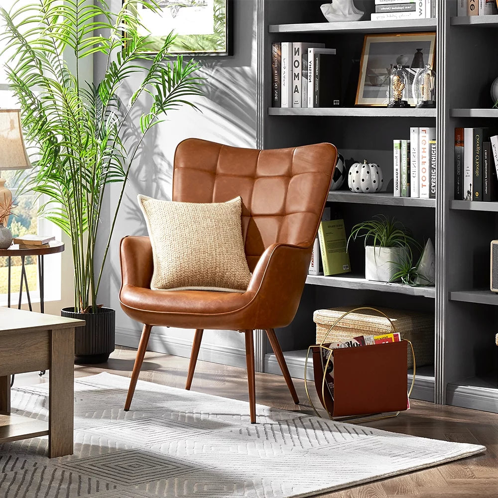 Mid-Century Modern Faux Leather Wingback Accent Chair, Brown